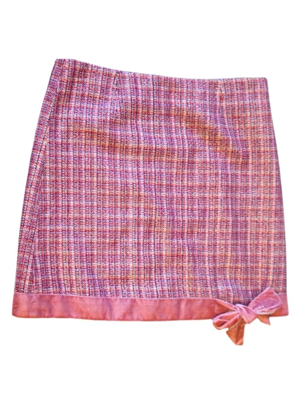 Vintage Y2K Miss Me Plaid Pink Tweed Mini Pencil Skirt Small Bow Coquette Preppy